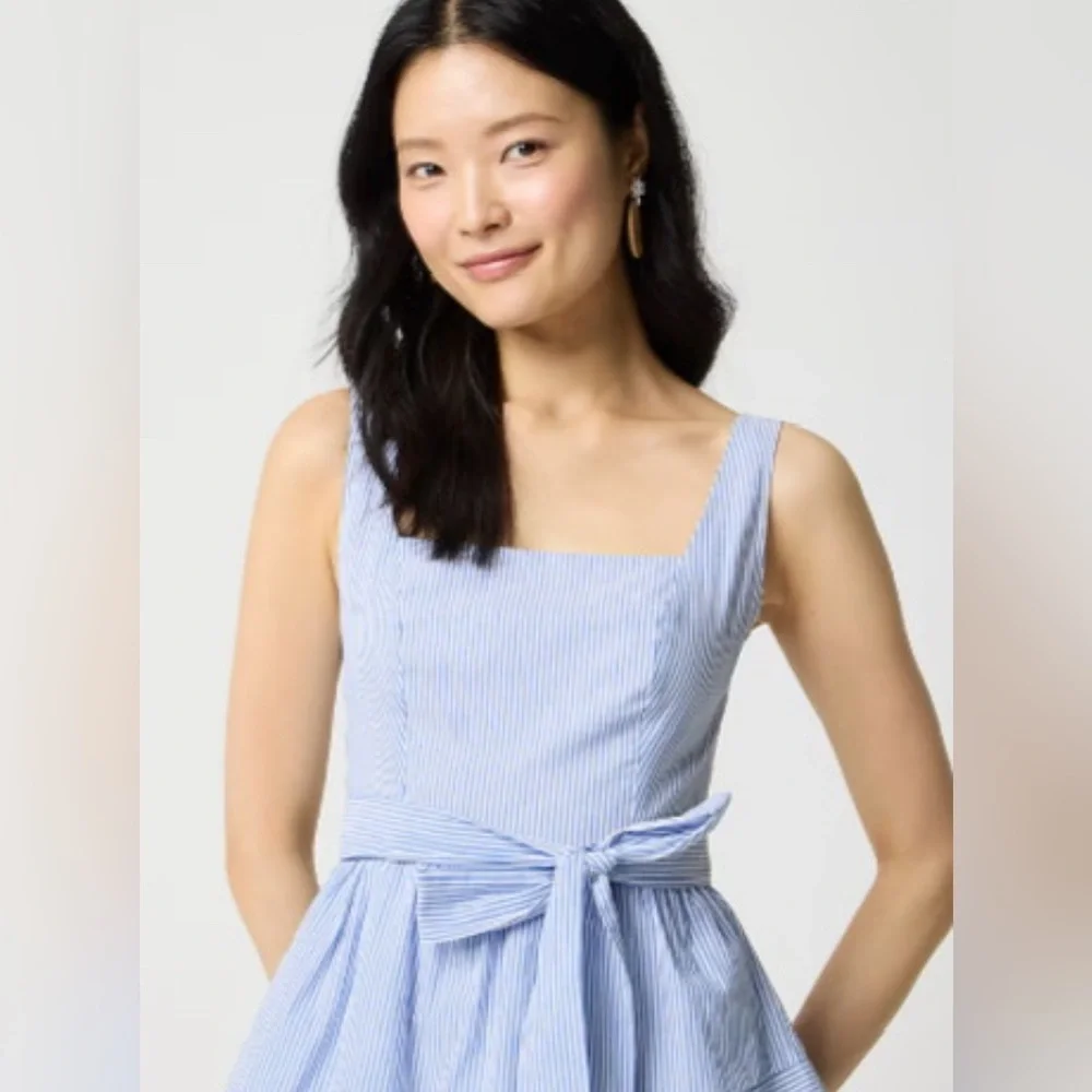 J. Crew Light Blue/White Stripe Sleeveless Belted Tiered Midi Dress - Size 8 - Picture 3 of 7